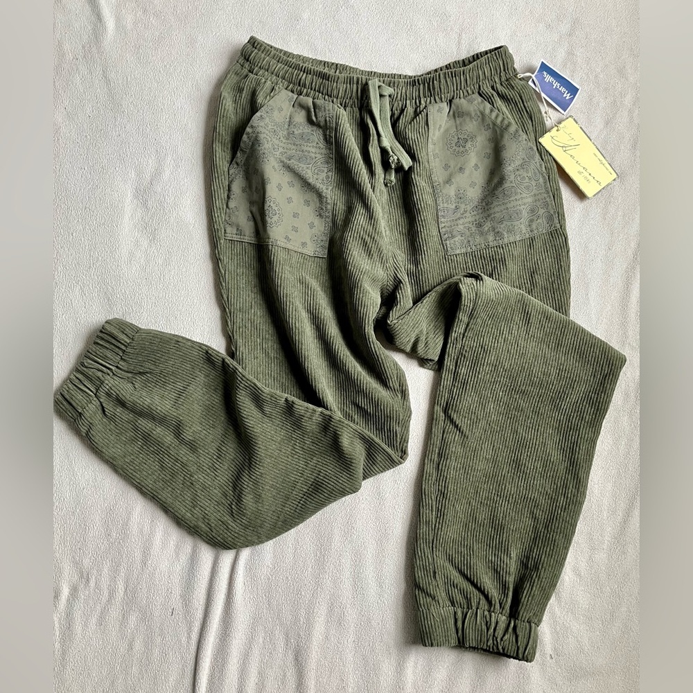 Olive Green Corduroy Joggers with Paisley Pocket